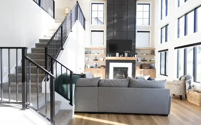 Custom living room with fireplace in Fergus Falls Minnesota home supplied by Lakeside Lumber